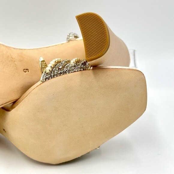 Badgley Mischka Size 5 Kari Soft Nude‎ Satin Jeweled Block Open Toe Heels Shoes - Picture 12 of 13